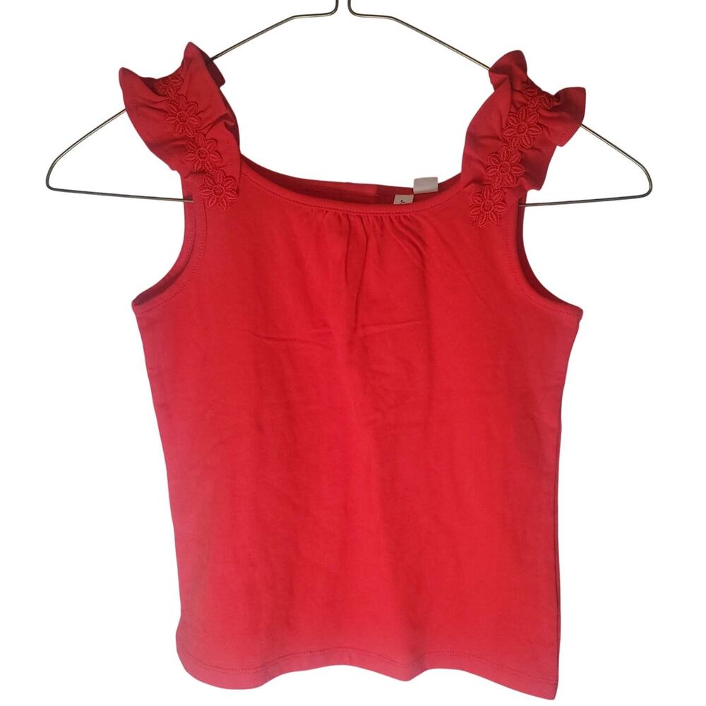 Janie and jack Girls Size 6 Tank Ruffle Strap Red Floral Embroidered NEW